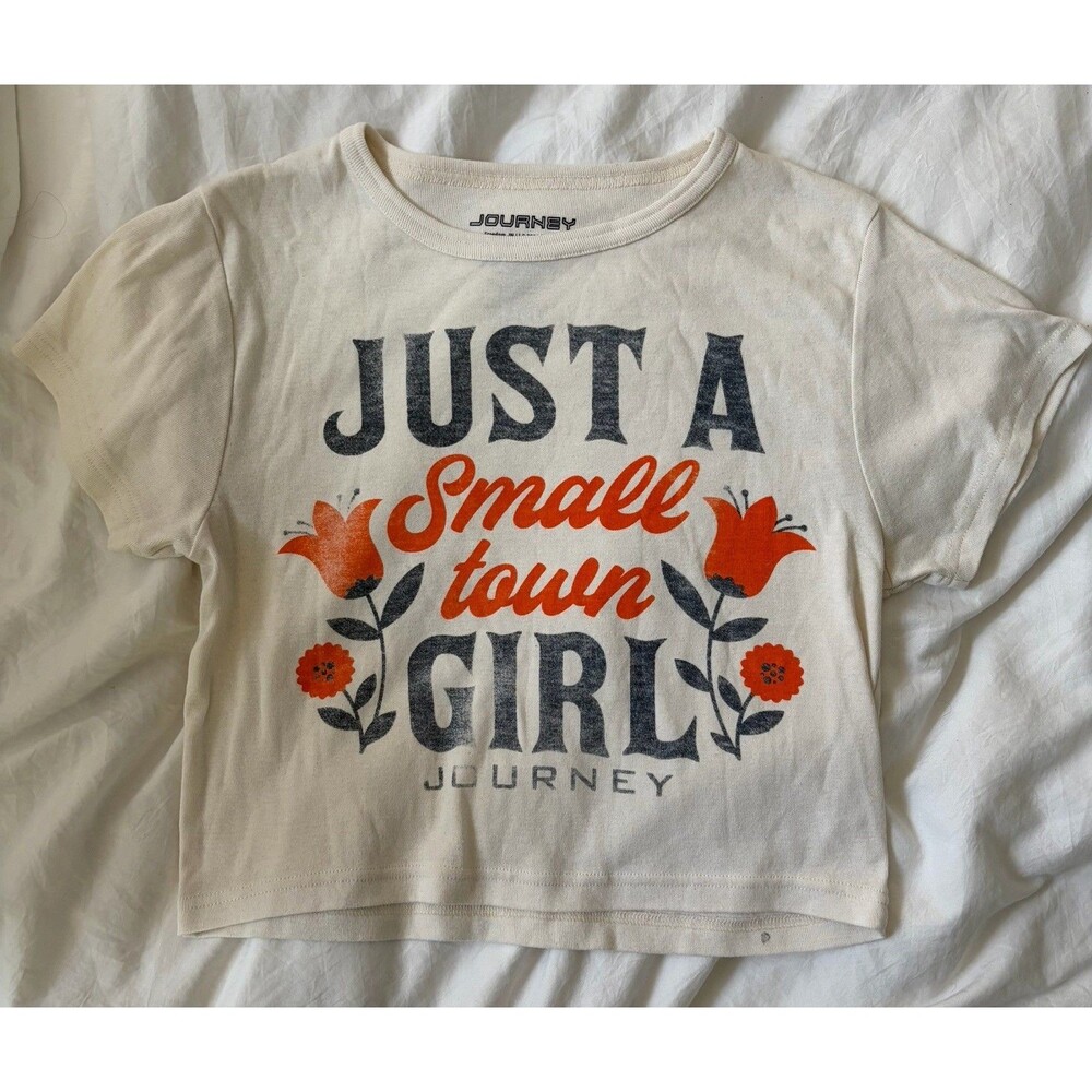 JOURNEY Cream Small Town Girl Graphic Print Cropped Tee Sz M Concert Floral Gift